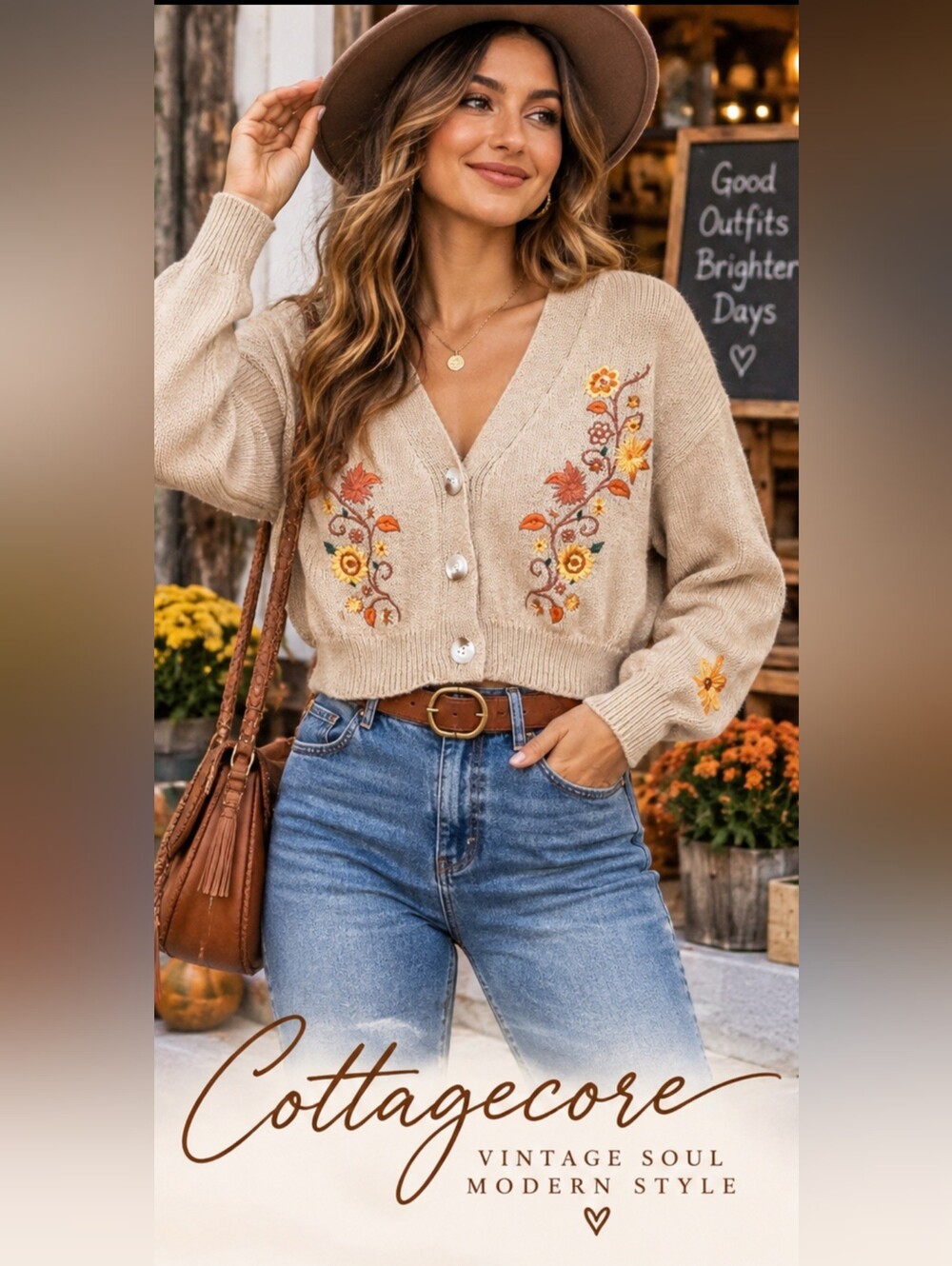 ROMWE Cardigan Sweater Beige Floral Embroidered Button V-Neck Long Sleeve Sz S